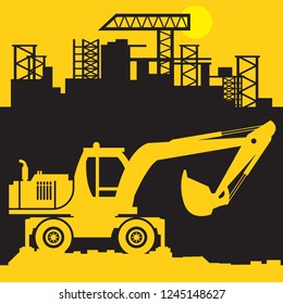 Digger, Construction power machinery, Large Excavator abstract sign or symbol, vector illustration