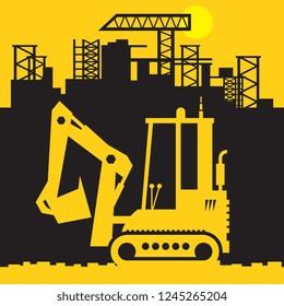 Digger, Construction power machinery, Small Excavator abstract sign or symbol, vector illustration