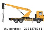 Digger derrick truck vector illustration view from side isolated on white background. Construction vehicle mockup. All elements in the groups for easy editing and recolor