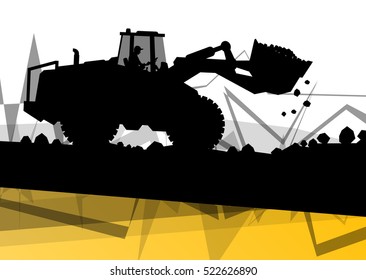 Digger excavator machinery digging action in construction site abstract vector background concept