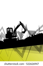 Digger excavator machinery digging action in construction site abstract vector background concept