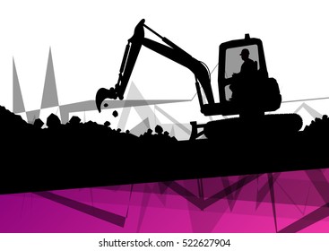 Digger excavator machinery digging action in construction site abstract vector background concept