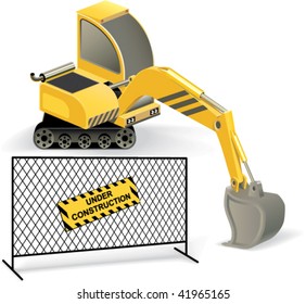 Digger and fencing mesh with "Under construction" sign, isolated objects on white background. Vector illustration