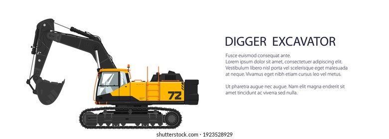 Digger hydraulic excavator with dipper , construction equipment banner, vector illustration