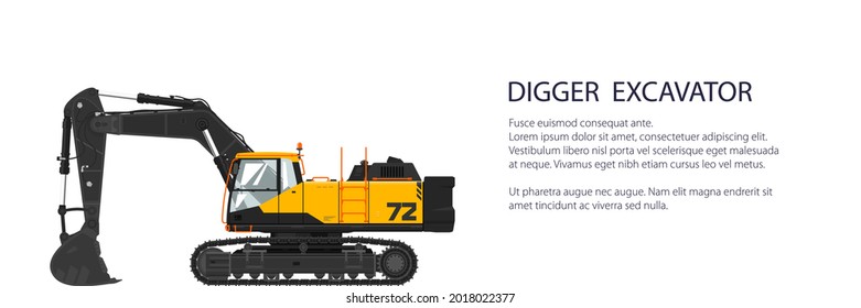 Digger hydraulic excavator with dipper , construction equipment banner, vector illustration