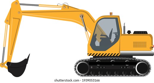 Digger hydraulic excavator with dipper isolated on white background, vector illustration