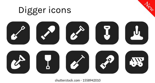 digger icon set. 10 filled digger icons.  Collection Of - Shovel, Dump truck icons
