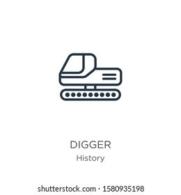 Digger icon. Thin linear digger outline icon isolated on white background from history collection. Line vector sign, symbol for web and mobile