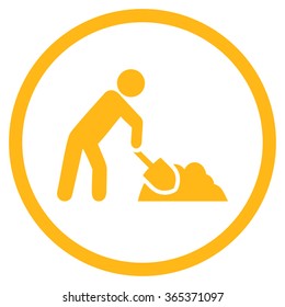 Digger Job vector icon. Style is flat circled symbol, yellow color, rounded angles, white background.