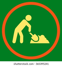 Digger Job vector icon. Style is bicolor flat circled symbol, orange and yellow colors, rounded angles, green background.