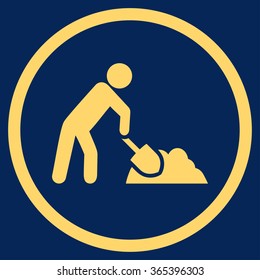 Digger Job vector icon. Style is flat circled symbol, yellow color, rounded angles, blue background.