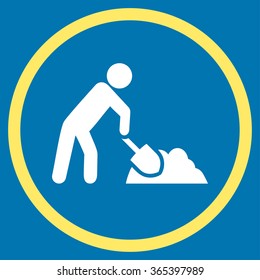 Digger Job vector icon. Style is bicolor flat circled symbol, yellow and white colors, rounded angles, blue background.