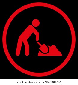 Digger Job vector icon. Style is flat circled symbol, red color, rounded angles, black background.