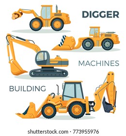 Digger and machines for building isolated cartoon illustration