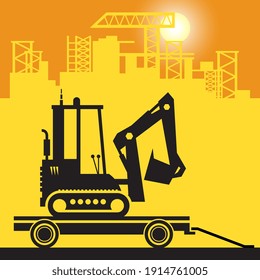 Digger, Small Excavator Work On Construction Site, Vector Illustration