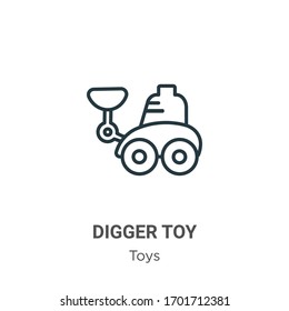 Icono vectorial de contorno de juguete. Icono de juguete del digger negro de línea delgada, ilustración de elemento simple vector plano a partir del concepto de juguetes editables trazo aislado en fondo blanco