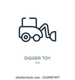 digger toy thin line icon. loader, truck linear icons from toys concept isolated outline sign. Vector illustration symbol element for web design and apps.