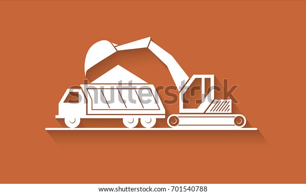 Digger and truck\
silhouettes,  buildings background flat logo, digging process\
illustrating, building logo\
icon