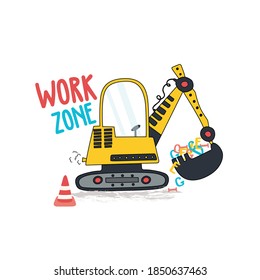 digger way circle sol mud work zone car yelloz black and white young tee illustration art vector