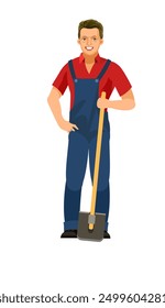 Digger. Worker in overalls. Fun cartoon style. object is isolated on white background. Vector Character standing.