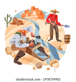 Diggers washing gold in Golden Rush times. Young prospectors searching diamond nuggets using tools and water equipment vector illustration. Western men with buckets in nature.