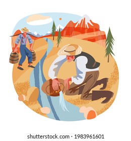 Diggers washing gold in Golden Rush times. Young prospectors searching diamond nuggets using tools and water equipment vector illustration. Western men with buckets in nature.