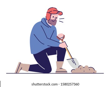 Digging archaeologist flat vector illustration. Archeological research. Treasure hunter in working process. Caucasian bearded man with sapper shovel cartoon character with outline on white background