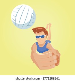 Digging in beach volleyball. Young player dives after a ball to catch it. Playing a ball low on defense. Man in sunglasses hits a ball in a jump and makes a pass. Vector flat design illustration. 