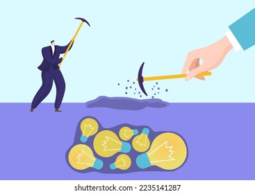 Digging for business idea concept, vector illustration. Flat tiny businessman character dig success light bulb with pickaxe, find finance in soil