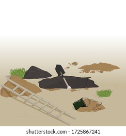 Digging a deep hole. Nearby lies a ladder and a bucket. Vector.