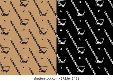 Digging hoe tool with cross hand drawn seamless pattern background for merchandise. Hoe gardening tool with crossed motif wallpaper. Farming hoe repeating surface for harvest. Vector Illustration