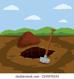 Digging hole and gardening. Shovel and dry brown earth. Grave and excavation. Pile dirt in summer landscape. Cartoon flat illustration