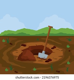 Digging hole and gardening. Shovel and dry brown earth. Grave and excavation. Pile dirt in summer landscape. Cartoon flat illustration