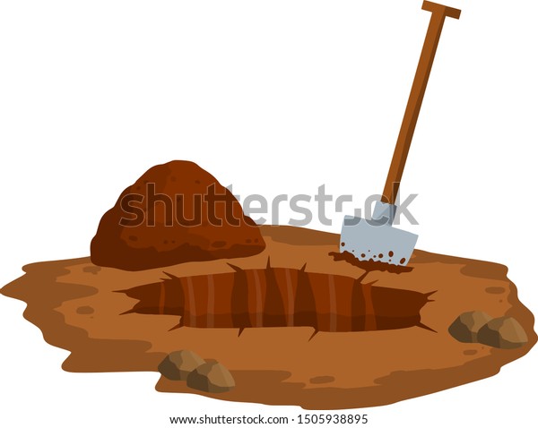 Digging a hole. Grave and excavation.\
Funeral in desert. Pile dirt and stones. Cartoon flat illustration\
in white background. Shovel and dry brown\
earth