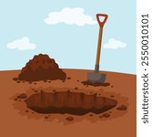 Digging a hole in the ground with a pile of soil, stones and a shovel