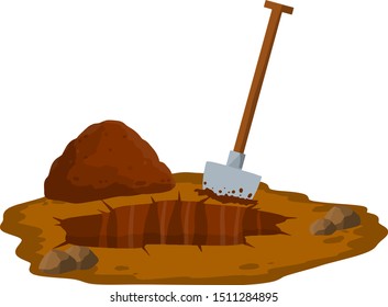 Digging a hole. Shovel and dry brown earth. Grave and excavation. Funeral in desert. Pile dirt and stones. Cartoon flat illustration in white background