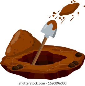 Digging a hole. Shovel and dry brown earth. Funeral in desert. Pile dirt and stones. Cartoon flat illustration in white background. Grave and excavation