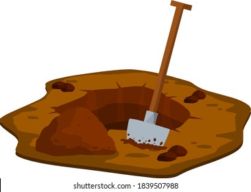 Digging a hole. Shovel and dry brown earth. Grave and excavation