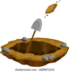 Digging a hole. Shovel and dry brown earth. Grave and excavation. Pile dirt and stones. Cartoon flat illustration in white background. Funeral in desert