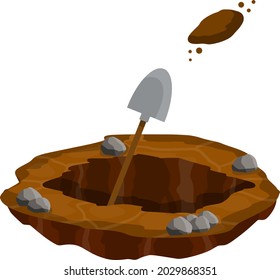 Digging a hole. Shovel and dry brown earth. Grave and excavation. Pile dirt and stones. Cartoon flat illustration in white background. Funeral in desert