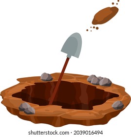 Digging a hole. Shovel and dry brown earth. Grave and excavation. Pile dirt and stones. Cartoon flat illustration in white background. Funeral in desert