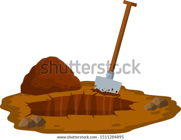 穴を掘る シャベルと乾いた茶色の土 墓と穴 砂漠の葬儀 土と石を積み重ねる 白い背景にカートーンフラットイラスト のベクター画像素材 ロイヤリティフリー