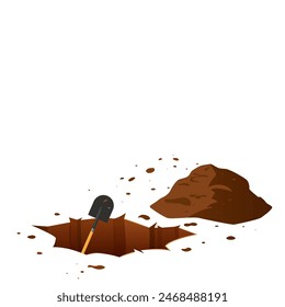 Digging a pit. Hole in ground with shovel and pile of soil. Vector illustration in cartoon style.