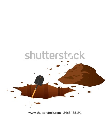 Digging a pit. Hole in ground with shovel and pile of soil. Vector illustration in cartoon style.
