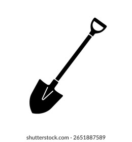 Uma pá escavadora com um identificador em D mostrado como uma silhueta preta sólida. Um simples ícone de ferramenta para jardinagem, construção e escavação.