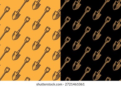Cavando pá gravado padrão sem costura no fundo preto amarelo definido para paisagismo. Pá ferramenta jardim chapeado plano de fundo padrão para a construção. Papel de parede do motivo da linha da ferramenta da pá para industrial