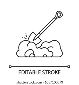 Digging shovel linear icon. Thin line illustration. Spade. Contour symbol. Vector isolated outline drawing. Editable stroke