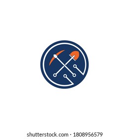 Digging, shovel and IT network. Electronic mining. Vector symbol