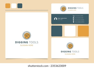 Digging tool logo design with editable slogan. Branding book and business card template.