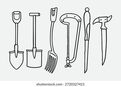 Digging tools line art icon set. Gardening equipment solid element pack. Shovels, Forks, Chopping saws, Knives, Sickle knife. Vector illustration.